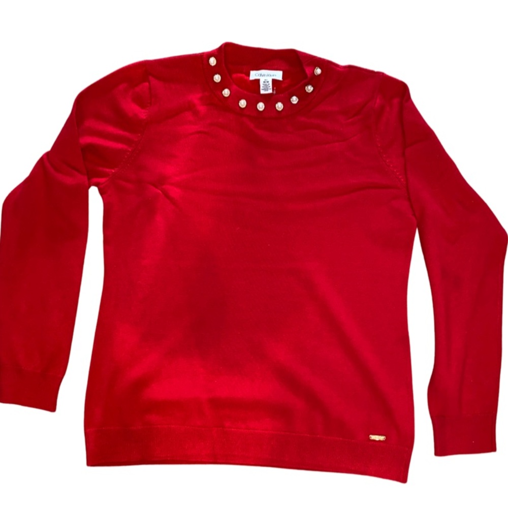 NWT Calvin Klein rayon sweater in Red Dare with 9 pearl gem details at neck.